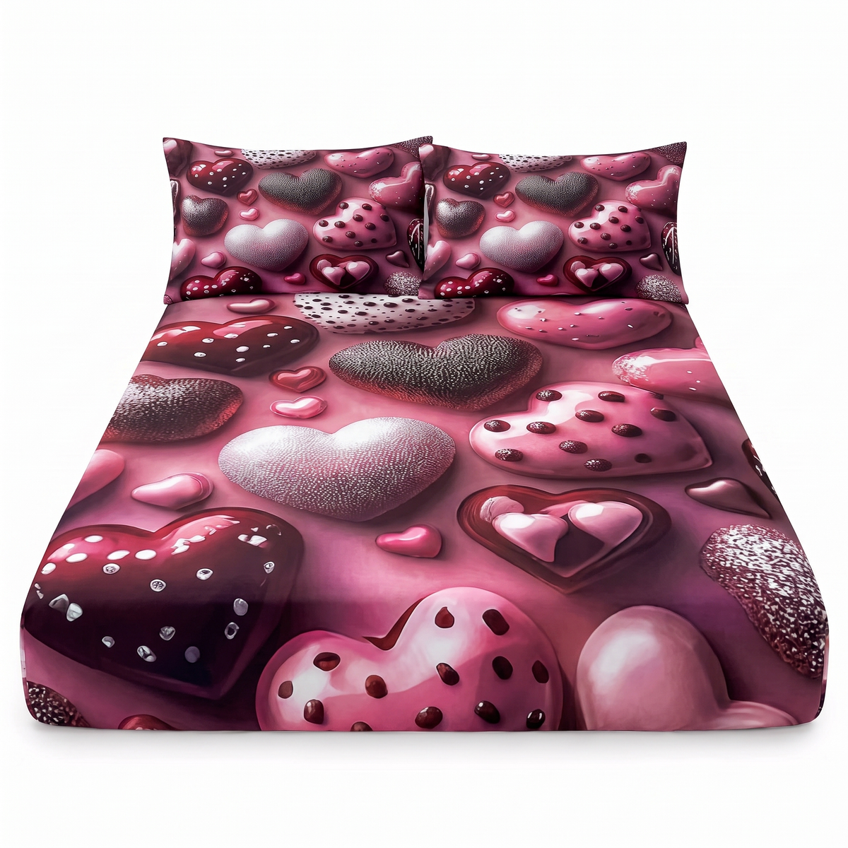 Cearșaf 5D cu elastic și 2 fețe de pernă — Ciclamen cu inimioare — vedere din față