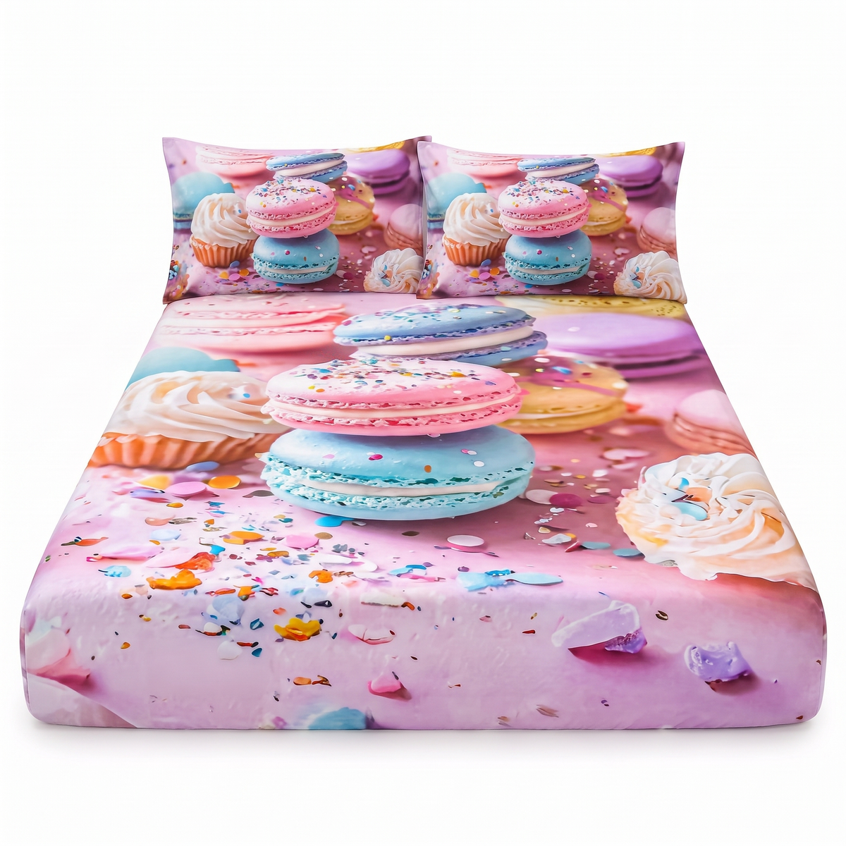 Cearșaf 5D cu elastic și 2 fețe de pernă — Roz cu macarons franțuzești — vedere din față