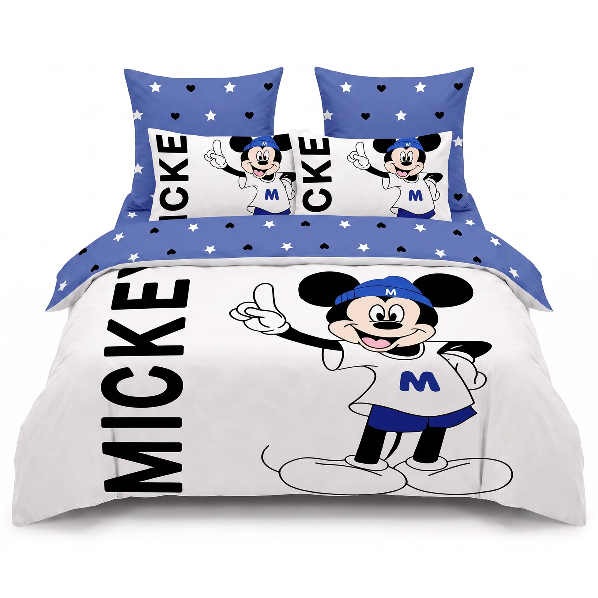 Lenjerie de pat 3D în alb și albastru cu Mickey Mouse și steluțe — vedere din față