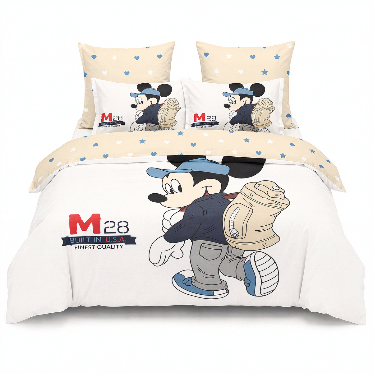 Lenjerie de pat 3D în alb și bej cu Mickey Mouse — vedere din față