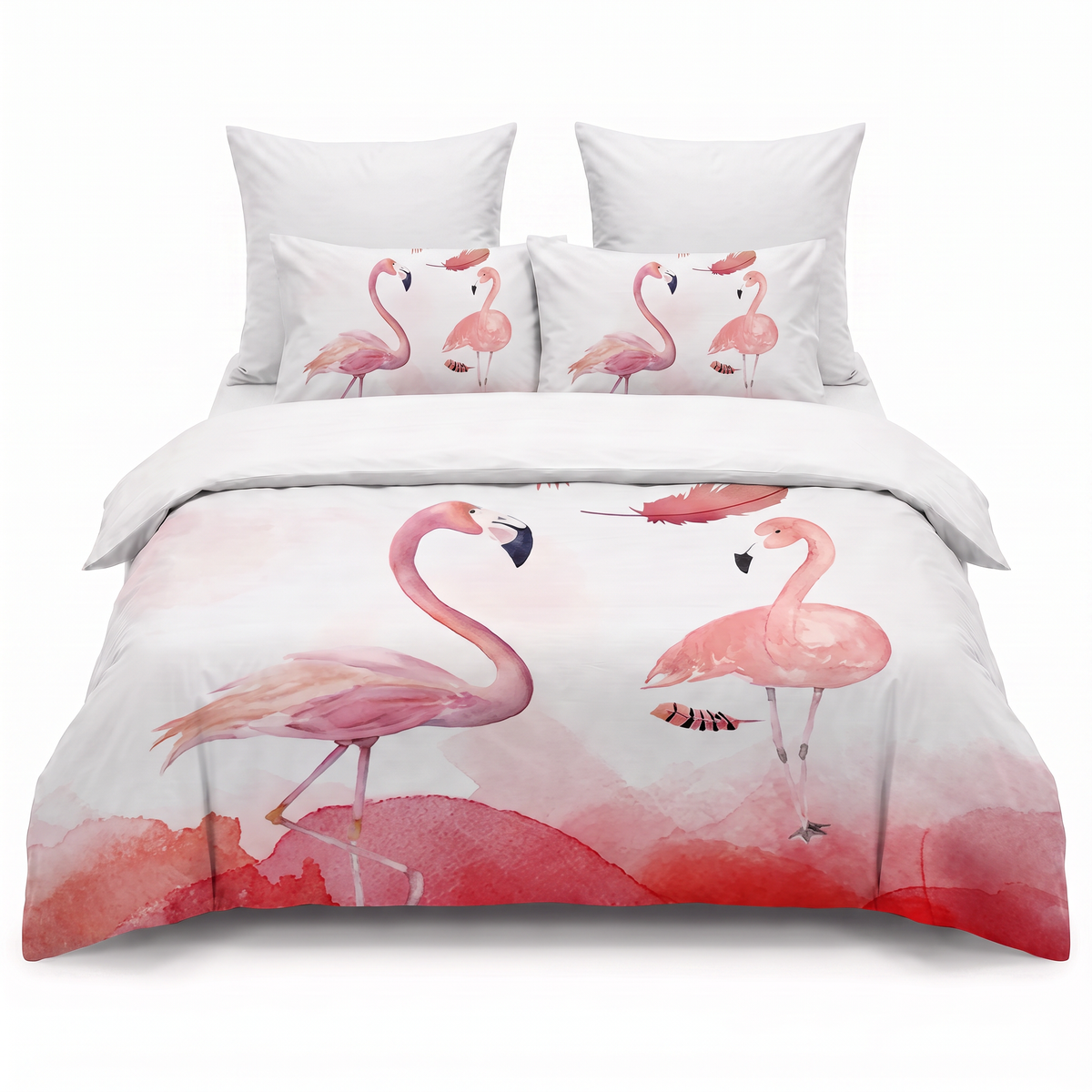 Lenjerie de pat 3D în alb și roz cu flamingo — vedere din față