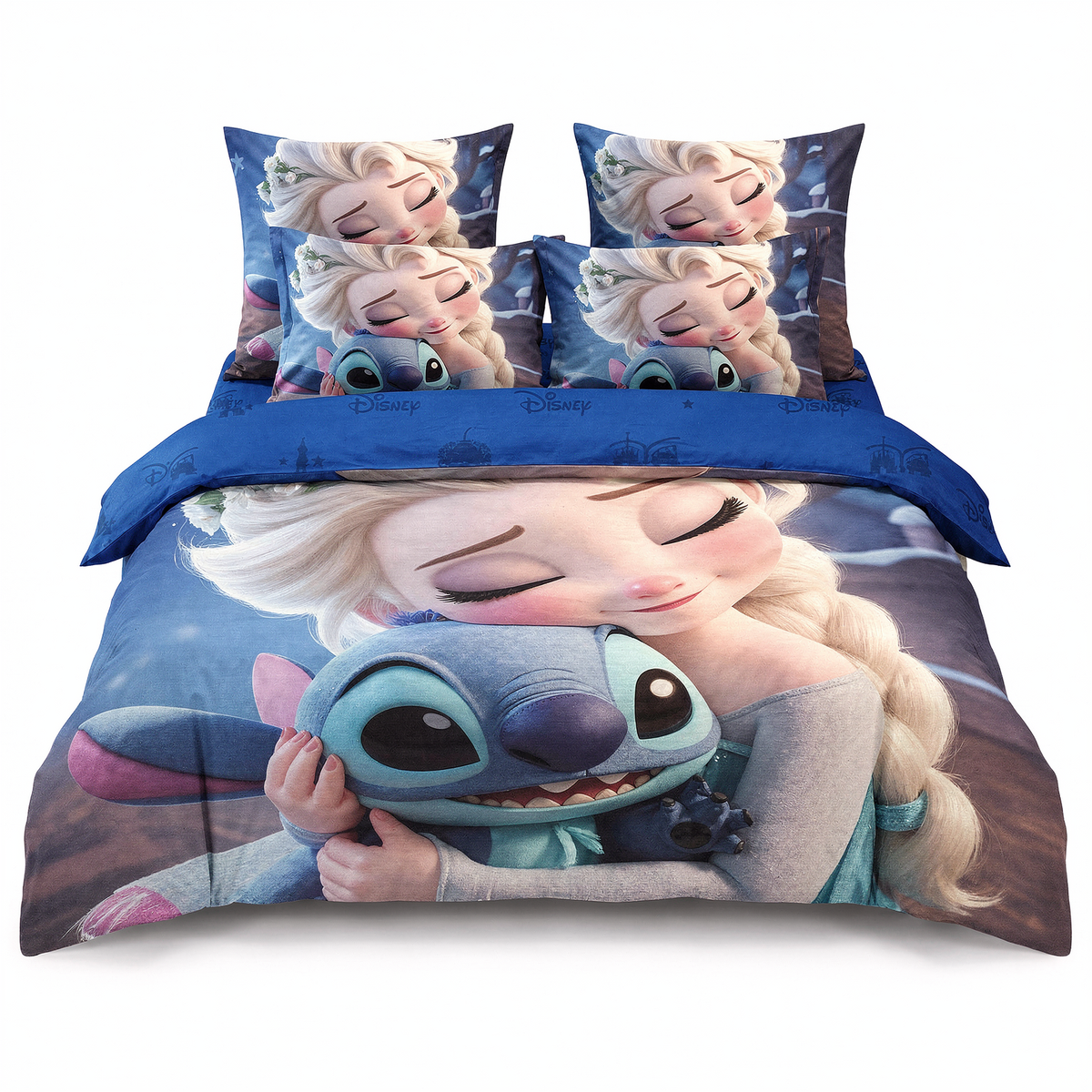 Lenjerie de pat 3D în albastru cu Elsa și Stitch — vedere din față