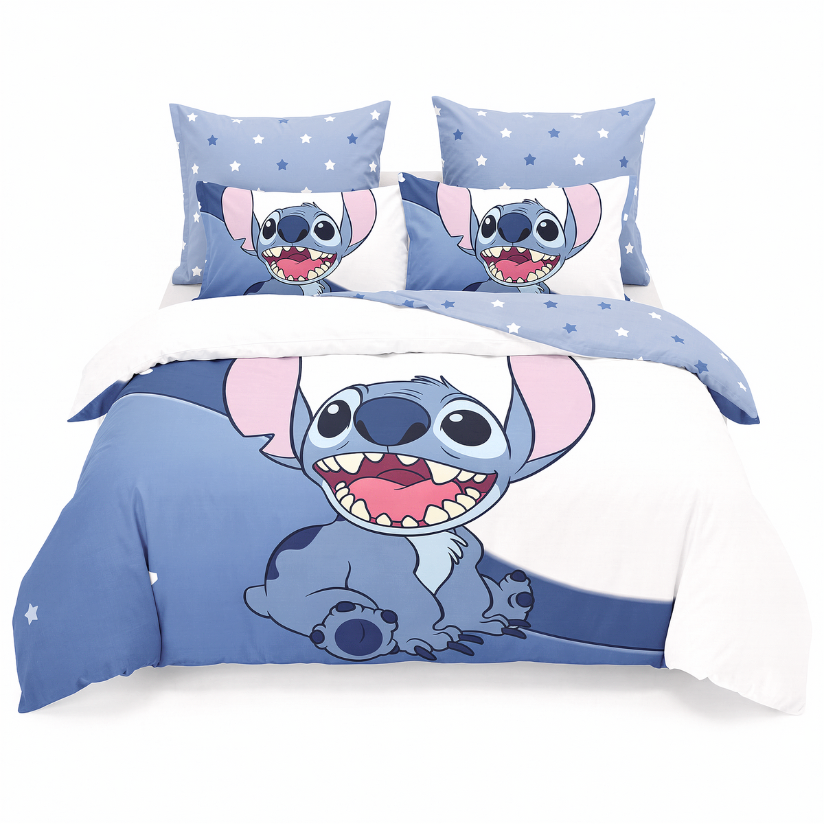 Lenjerie de pat 3D în albastru cu Stitch — vedere din față