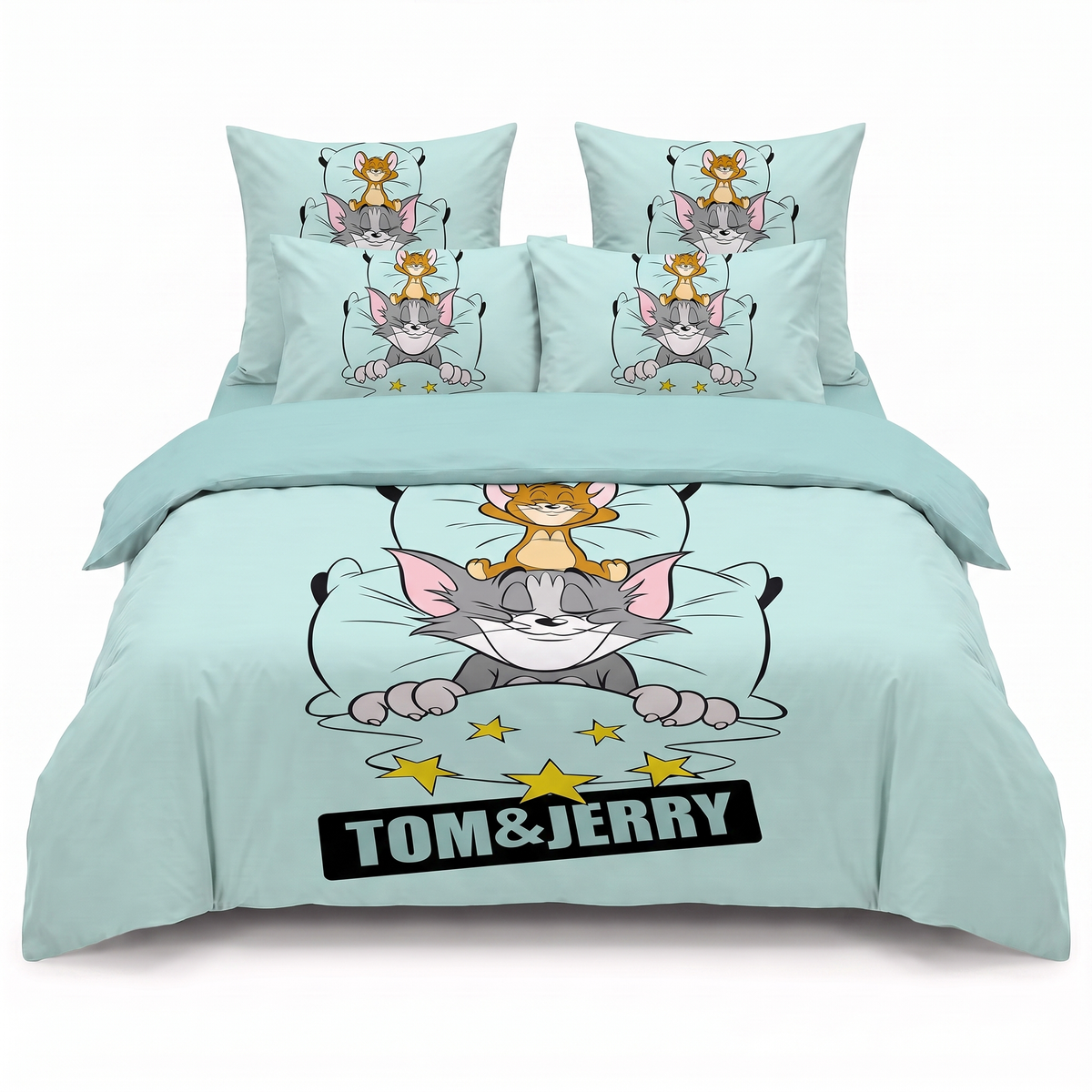 Lenjerie de pat 3D în albastru cu Tom și Jerry — vedere din față