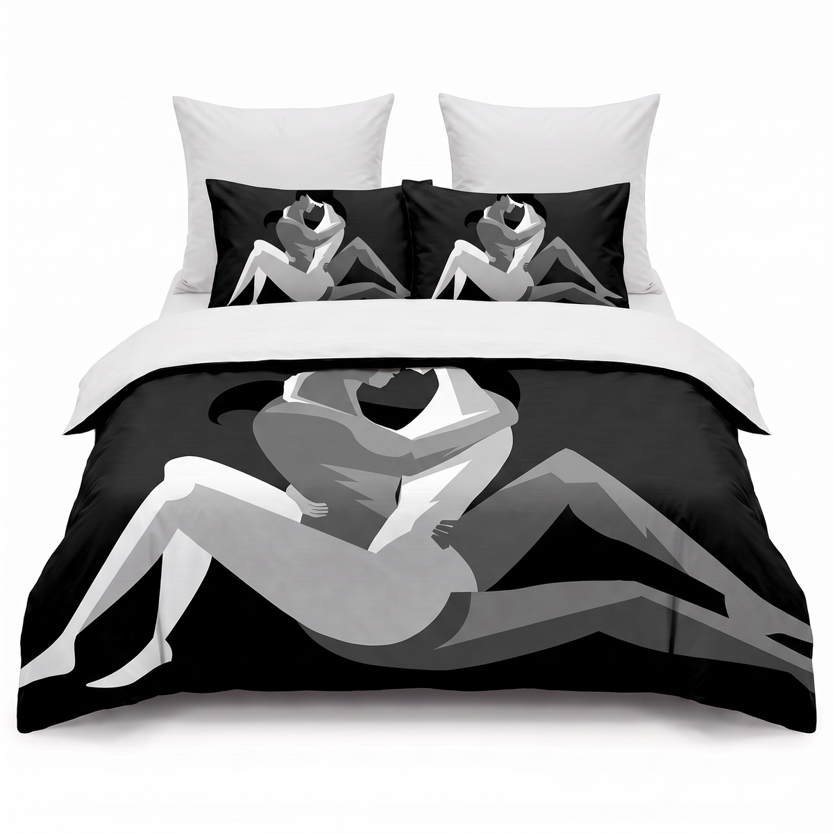 Lenjerie de pat 3D în negru și alb cu model romantic — vedere din față