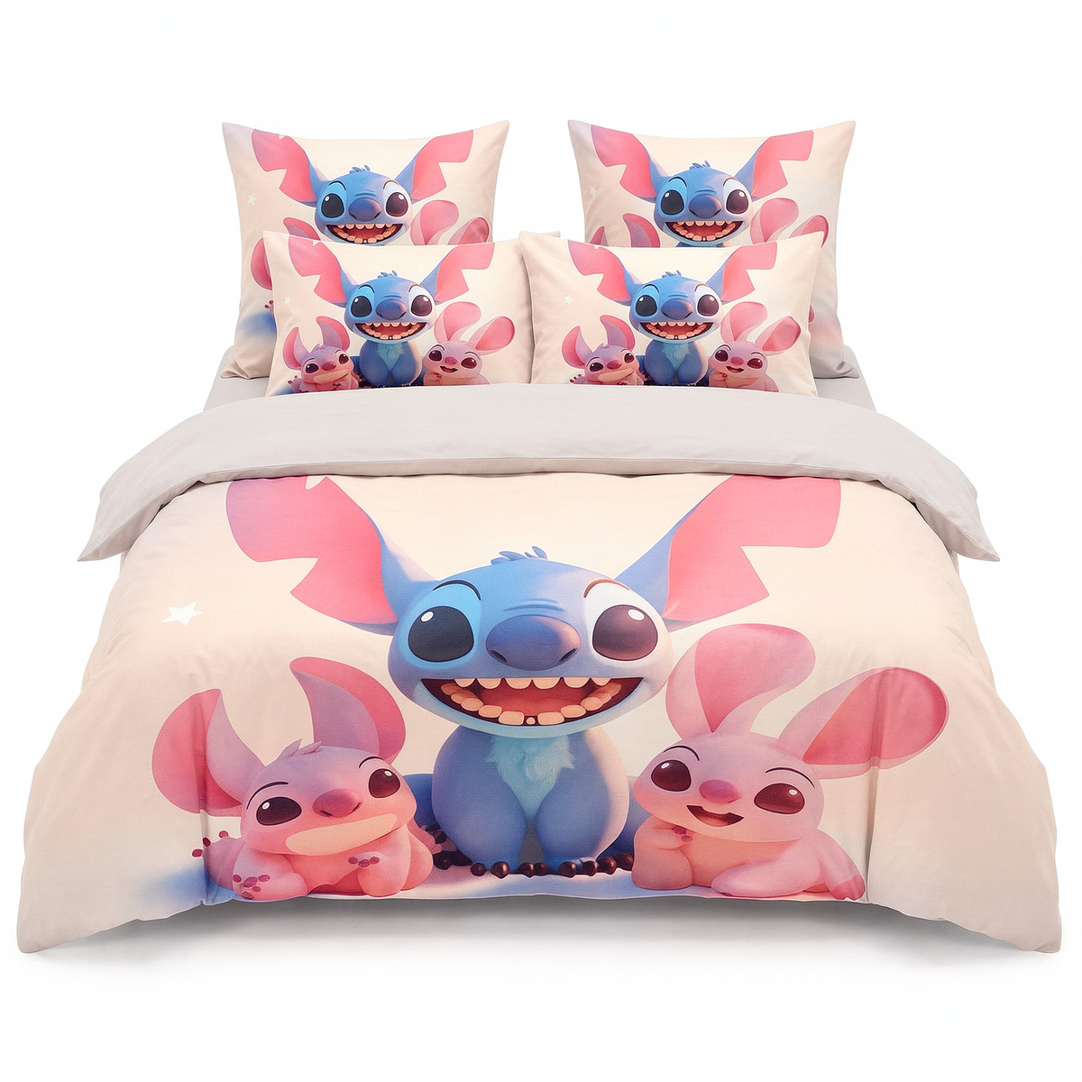 Lenjerie de pat 3D în roz cu Stitch — vedere din față