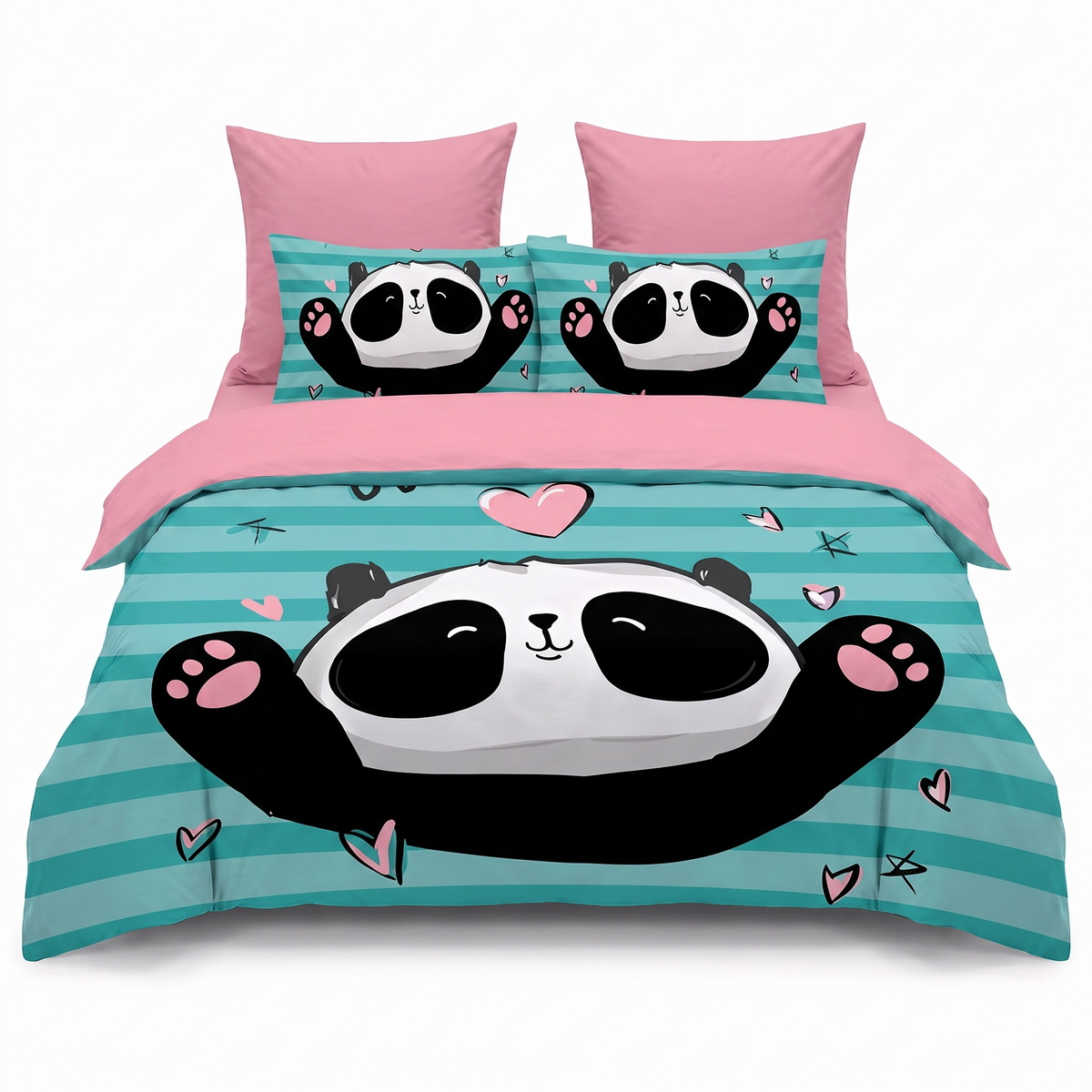 Lenjerie de pat 3D în roz și albastru cu panda — vedere din față