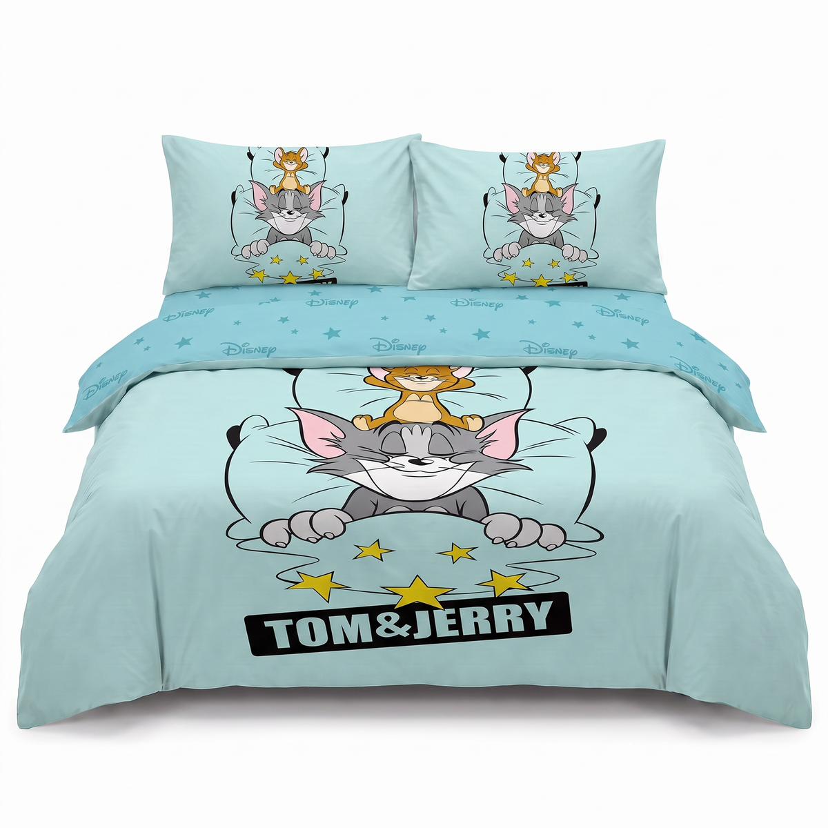 Lenjerie de pat 3D pentru o persoană, în albastru cu Tom și Jerry — vedere din față