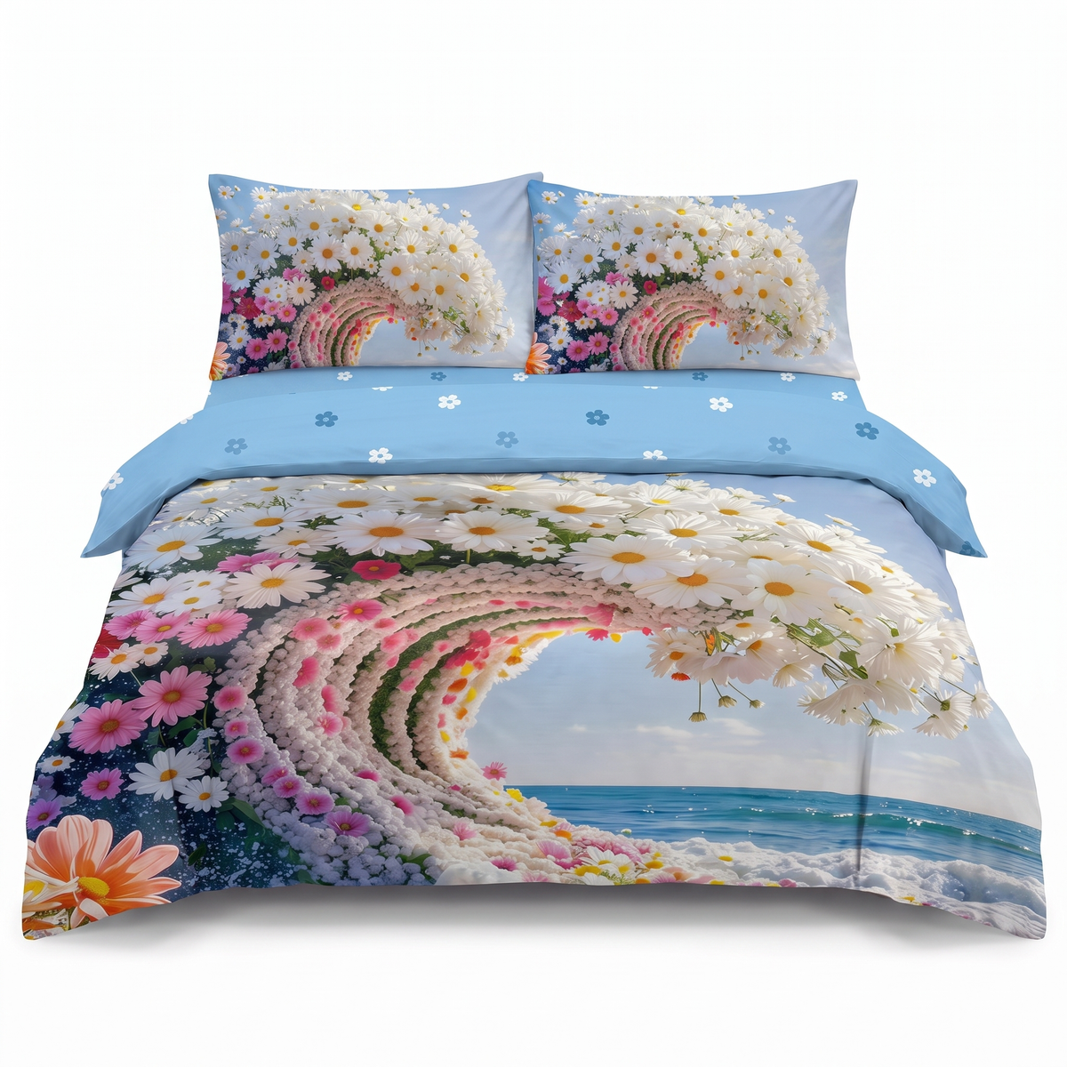 Lenjerie de pat 5D, 4 piese, cu elastic — Albastru cu model floral — vedere din față