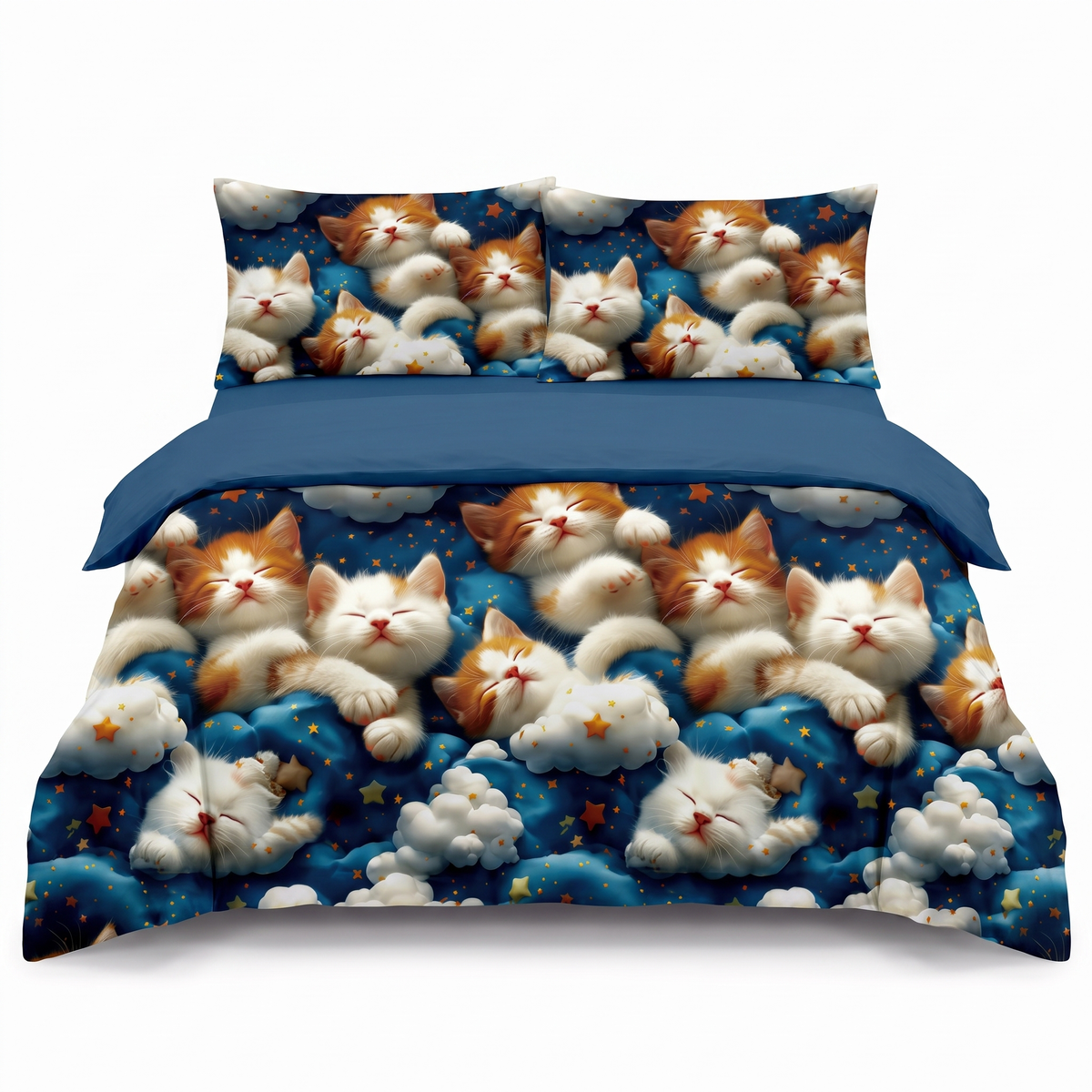 Lenjerie de pat 5D, 4 piese, cu elastic — Albastru închis cu pisicuțe — vedere din față
