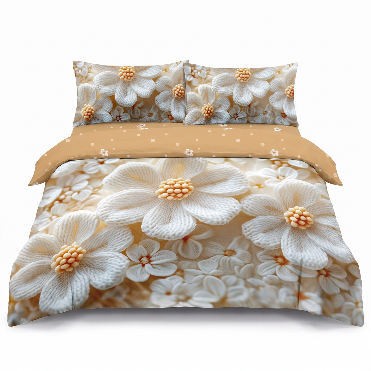 Lenjerie de pat 5D, 4 piese, cu elastic — Bej cu model floral — vedere din față