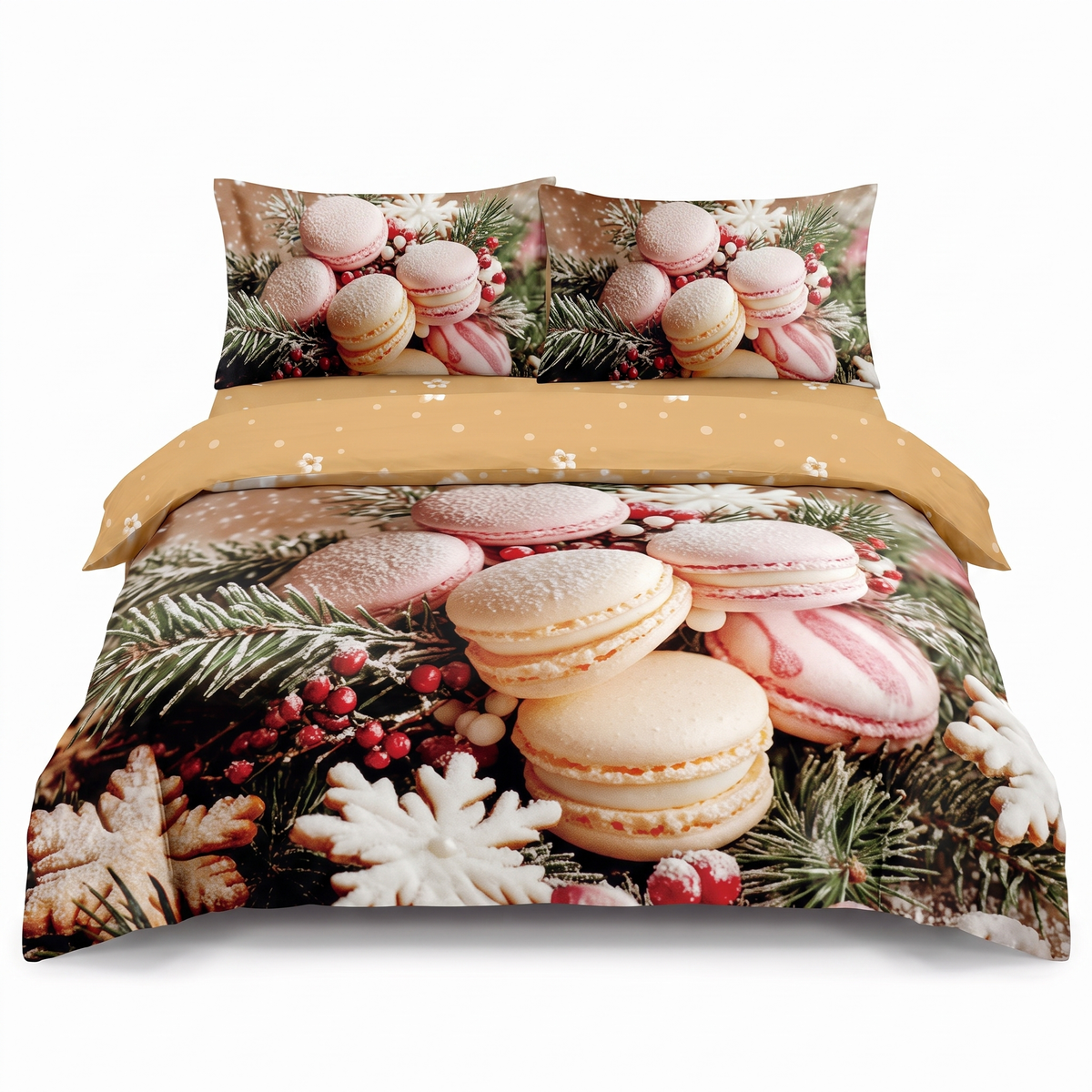 Lenjerie de pat 5D, 4 piese, cu elastic — Cu macarons franțuzești — vedere din față