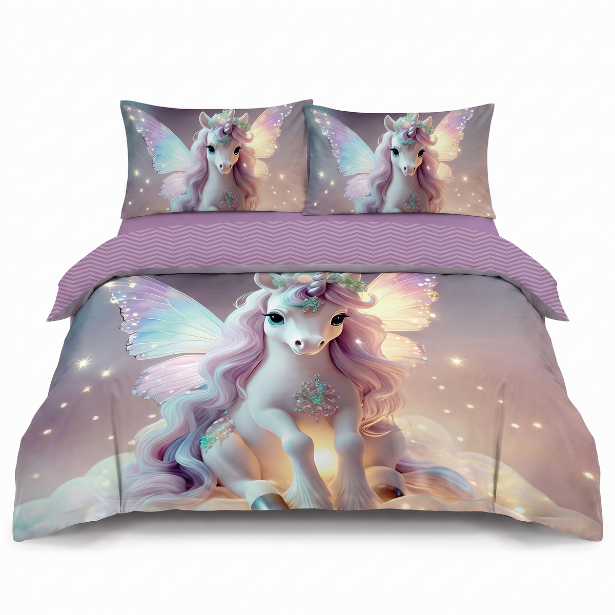 Lenjerie de pat 5D, 4 piese, cu elastic — Lila cu unicorn — vedere din față