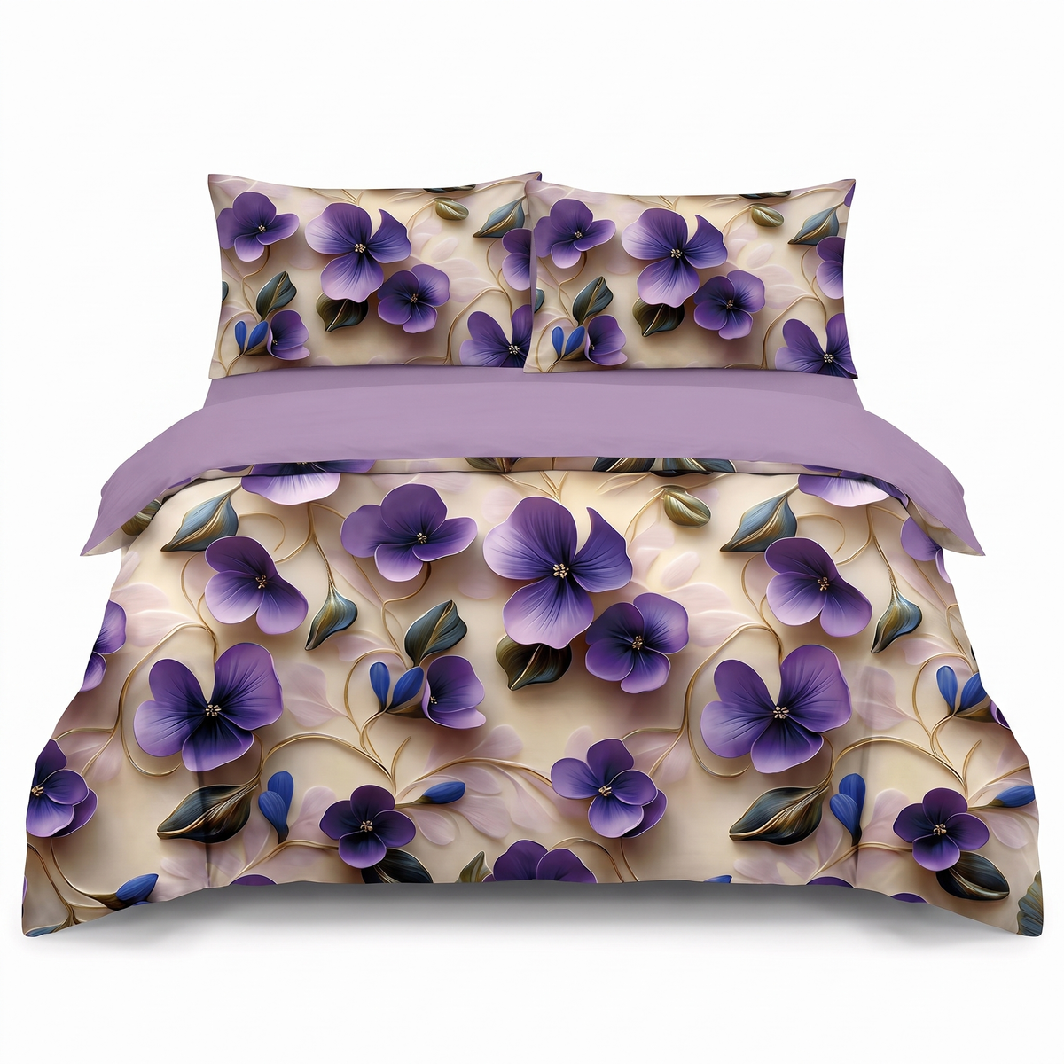 Lenjerie de pat 5D, 4 piese, cu elastic — Mov cu floricele — vedere din față