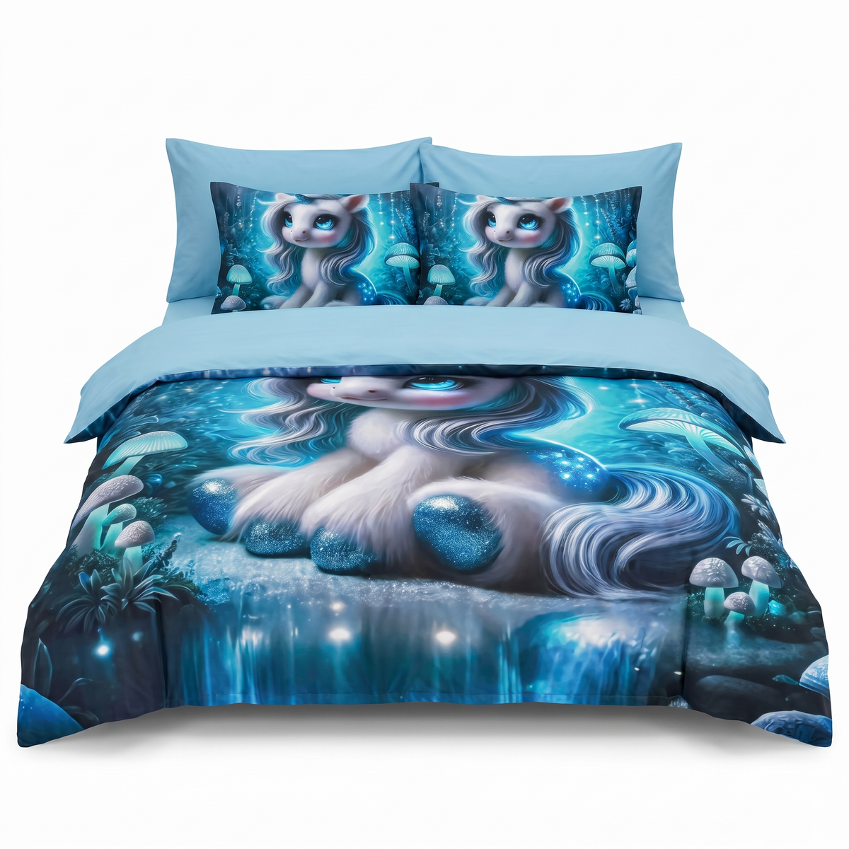 Lenjerie de pat 5D, 6 piese, cu elastic — Albastru închis cu unicorn — vedere din față