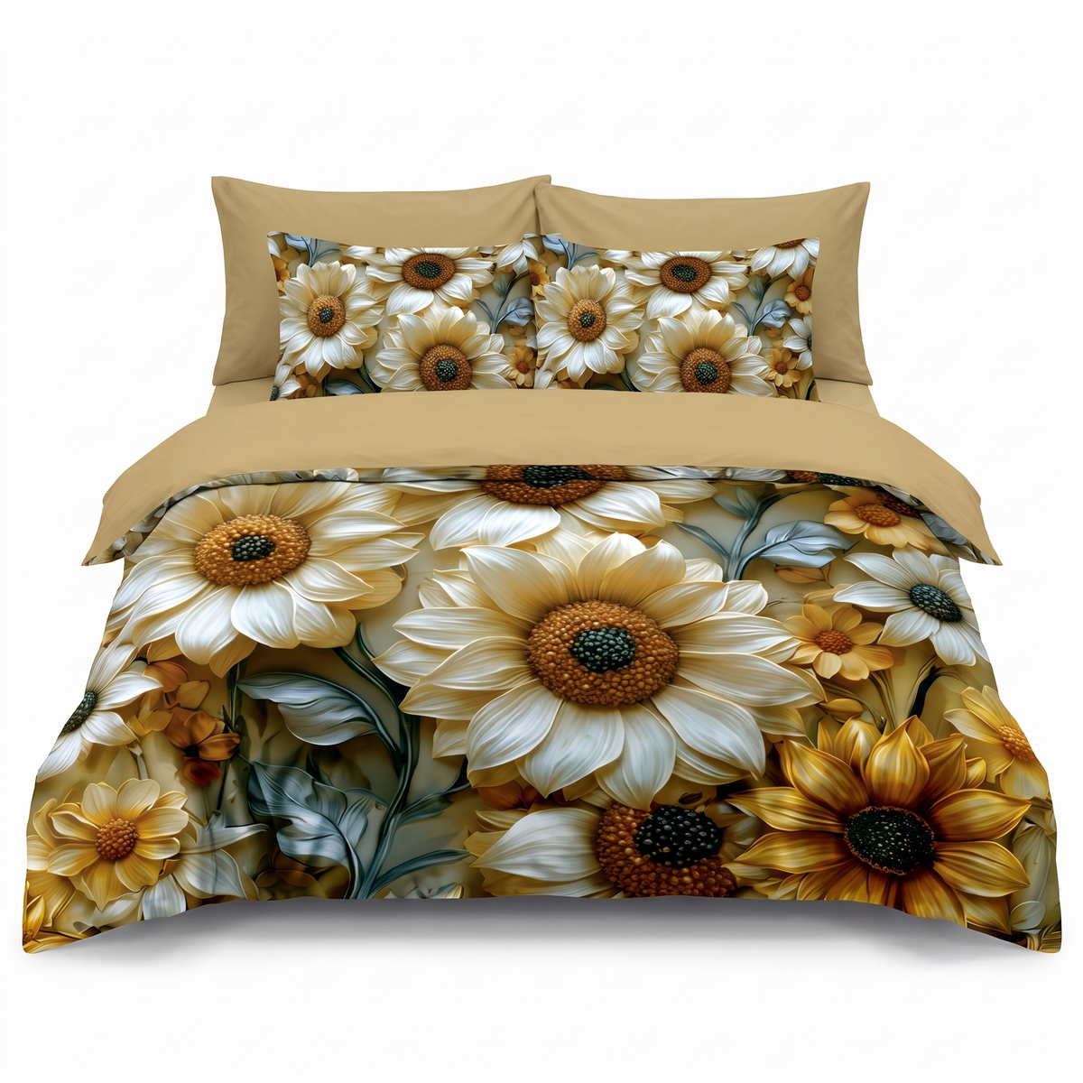 Lenjerie de pat 5D, 6 piese, cu elastic — Bej cu model floral — vedere din față