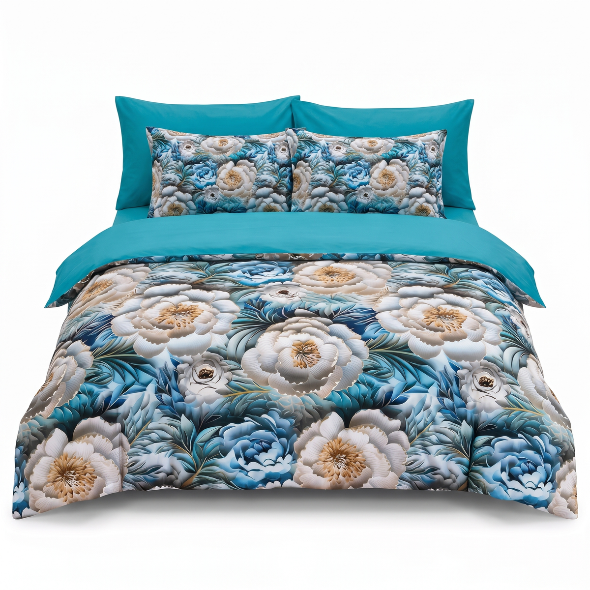 Lenjerie de pat 5D, 6 piese, cu elastic — Bleu cu model floral — vedere din față