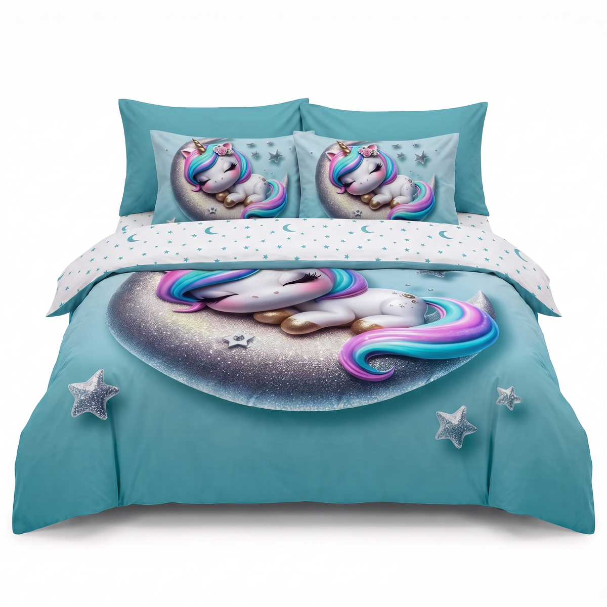 Lenjerie de pat 5D, 6 piese, cu elastic — Bleu cu unicorni — vedere din față