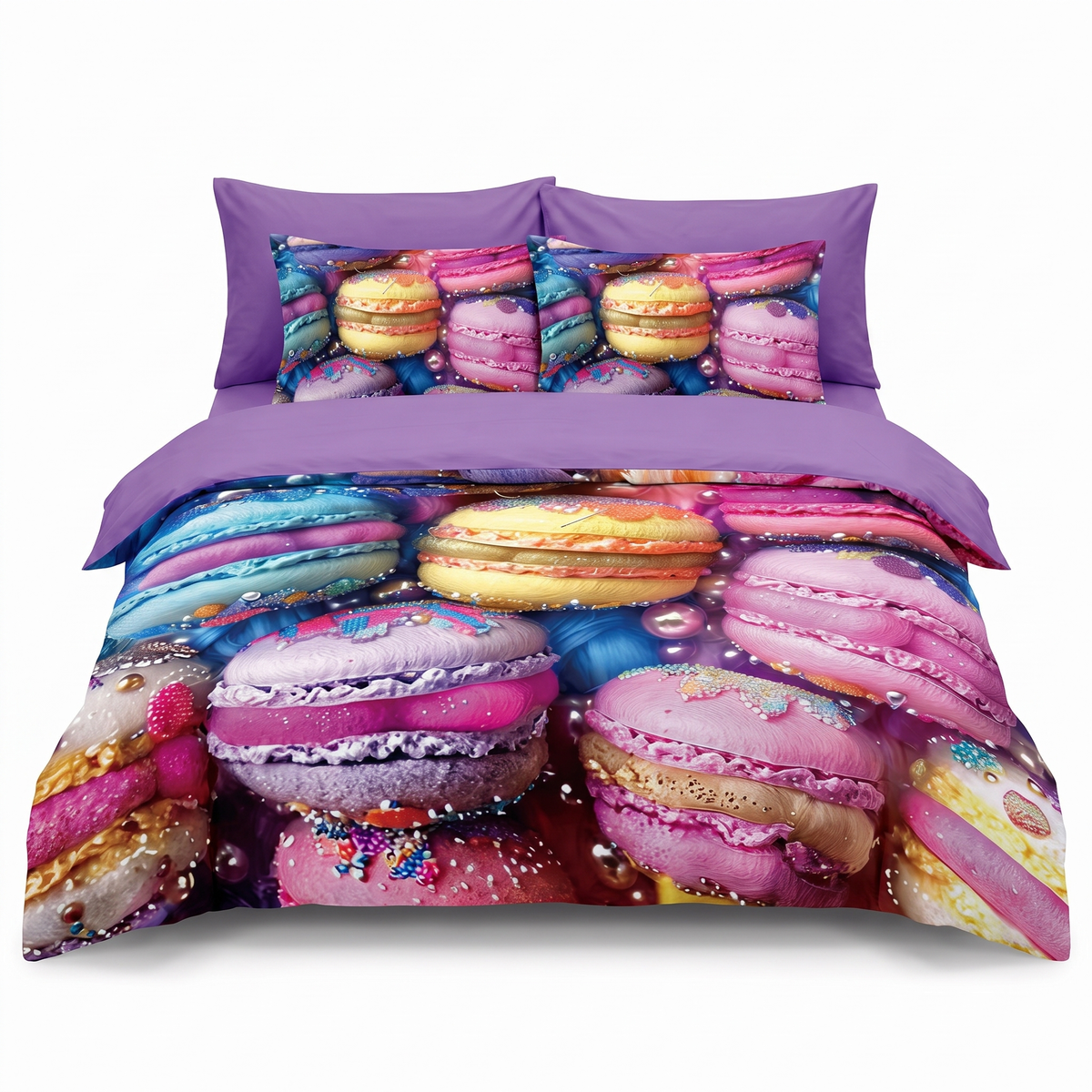 Lenjerie de pat 5D, 6 piese, cu elastic — Mov cu macarons franțuzești — vedere din față