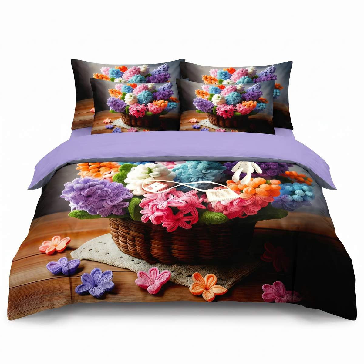 Lenjerie de pat 5D, 6 piese, cu elastic — Multicolor cu flori — vedere din față