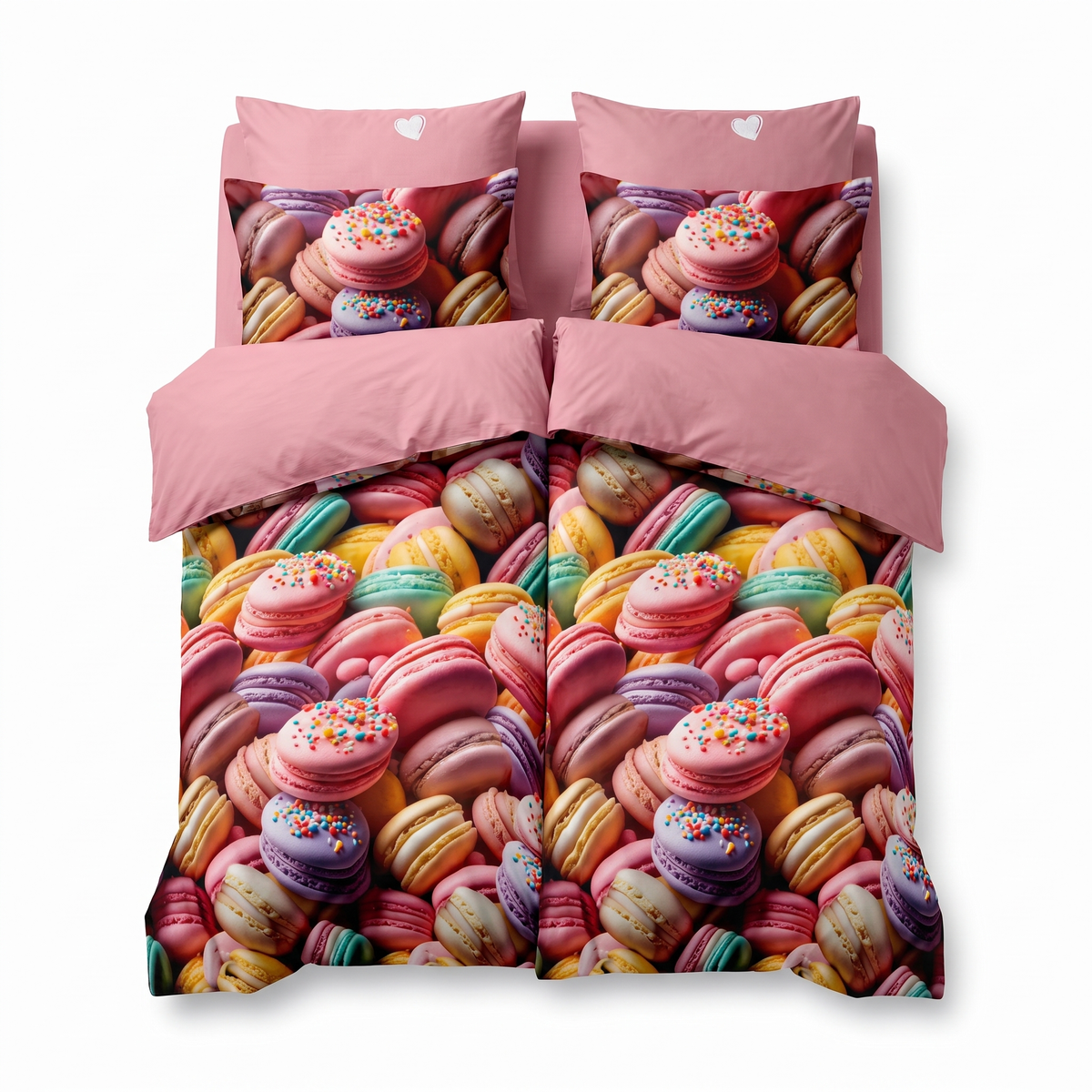 Lenjerie de pat cu 2 fețe de pilotă în multicolor cu macarons franțuzești — vedere din față