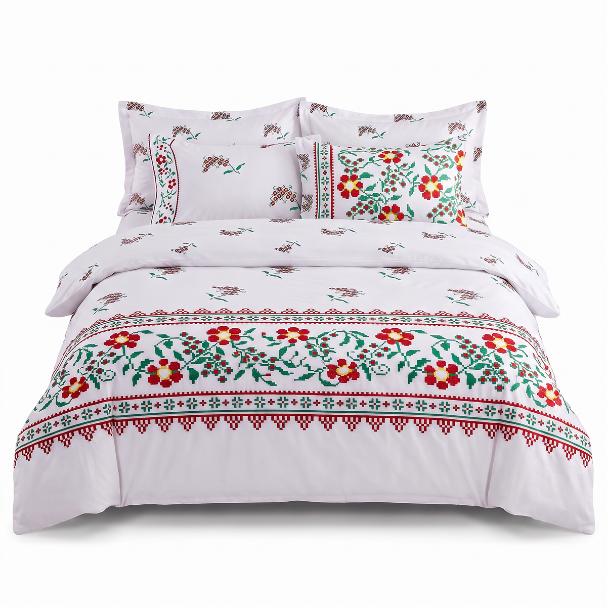 Lenjerie de pat cu elastic, în alb cu broderii florale tradiționale — vedere din față