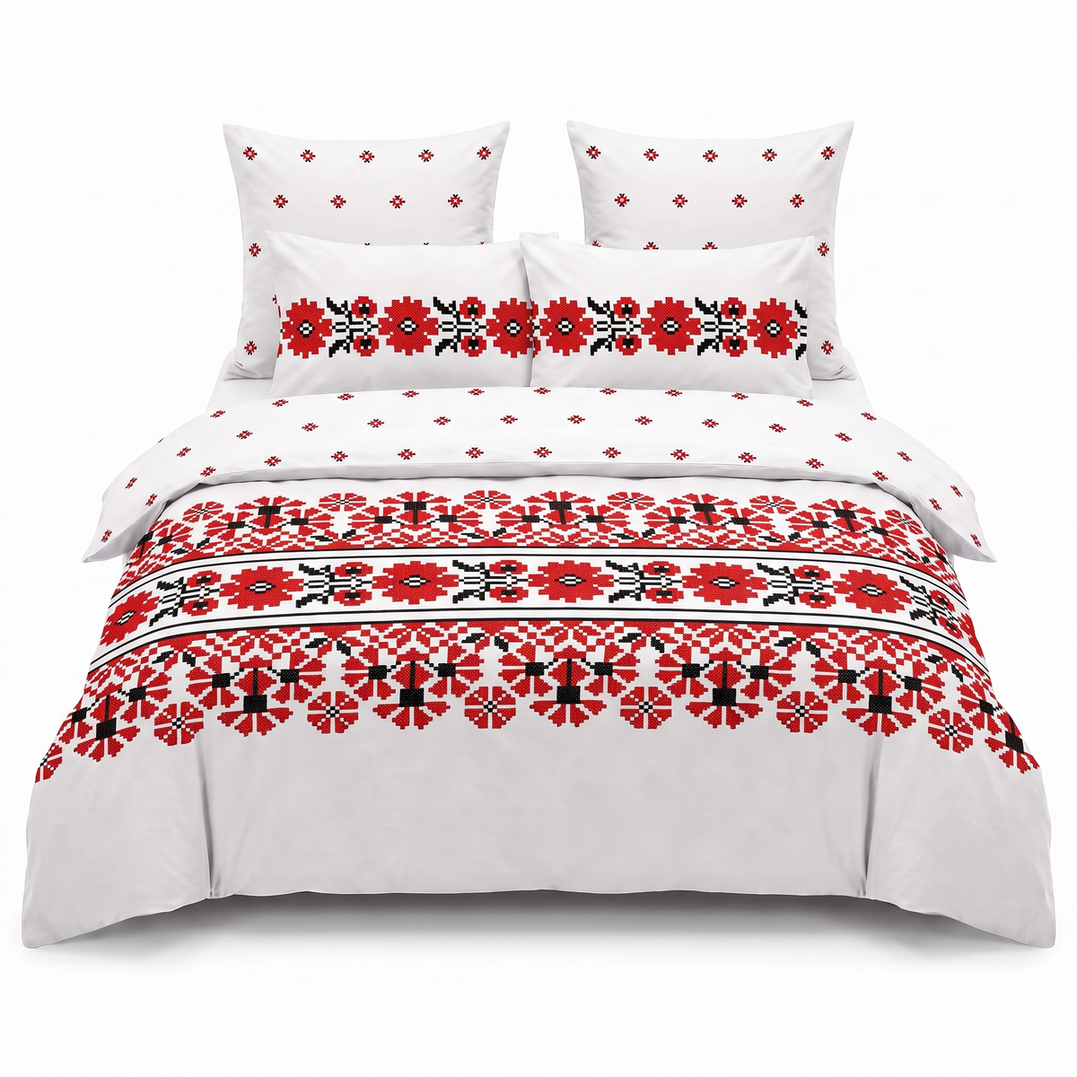 Lenjerie de pat cu elastic în alb cu ornamente roșii și broderie — vedere din față