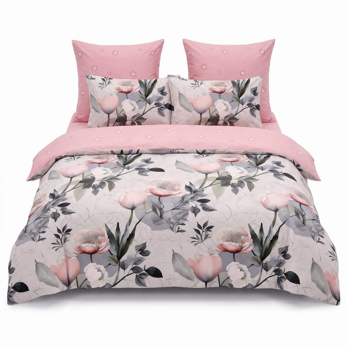 Lenjerie de pat cu elastic în alb și roz cu model floral — vedere din față
