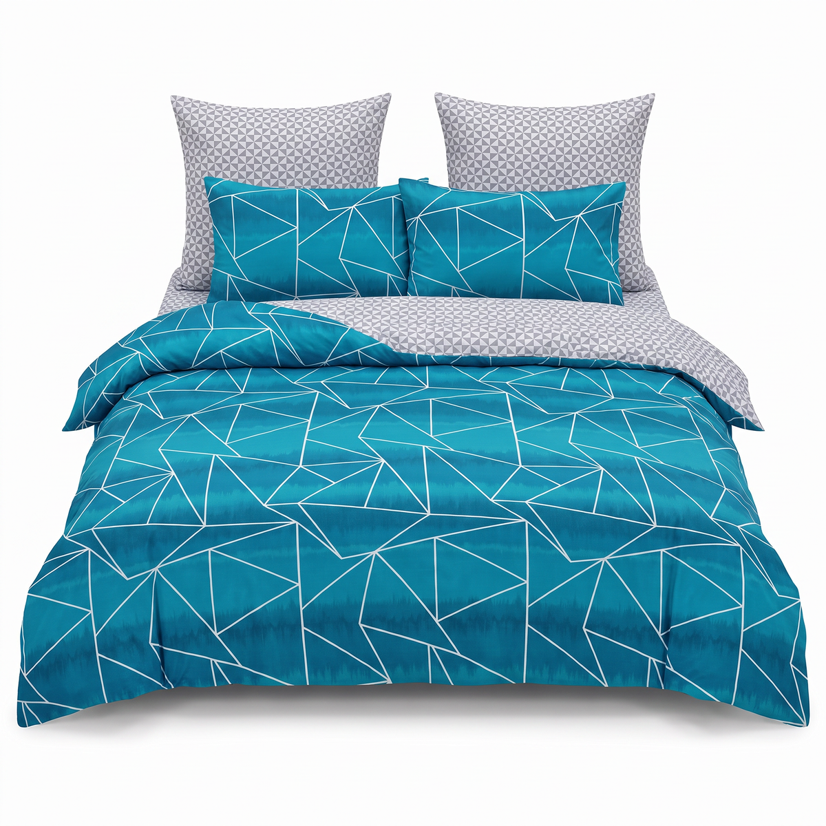Lenjerie de pat cu elastic în albastru și gri cu model geometric — vedere din față