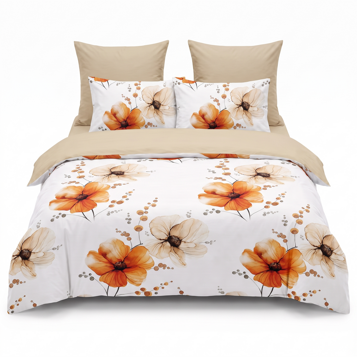 Lenjerie de pat cu elastic în crem cu flori — vedere din față