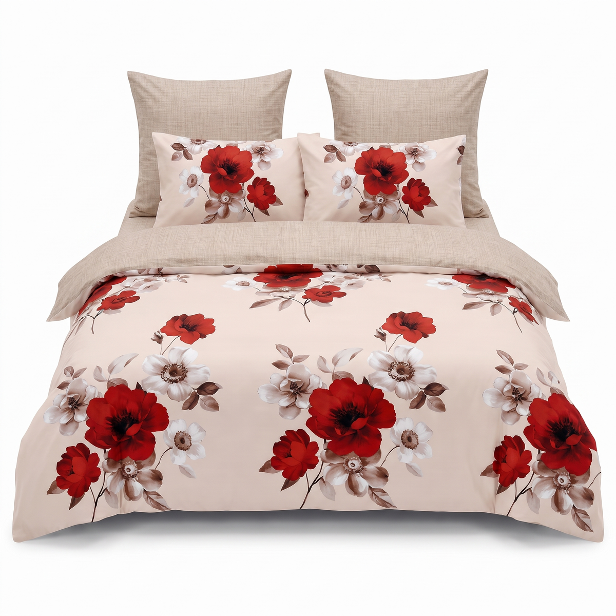 Lenjerie de pat cu elastic în crem cu model floral — vedere din față