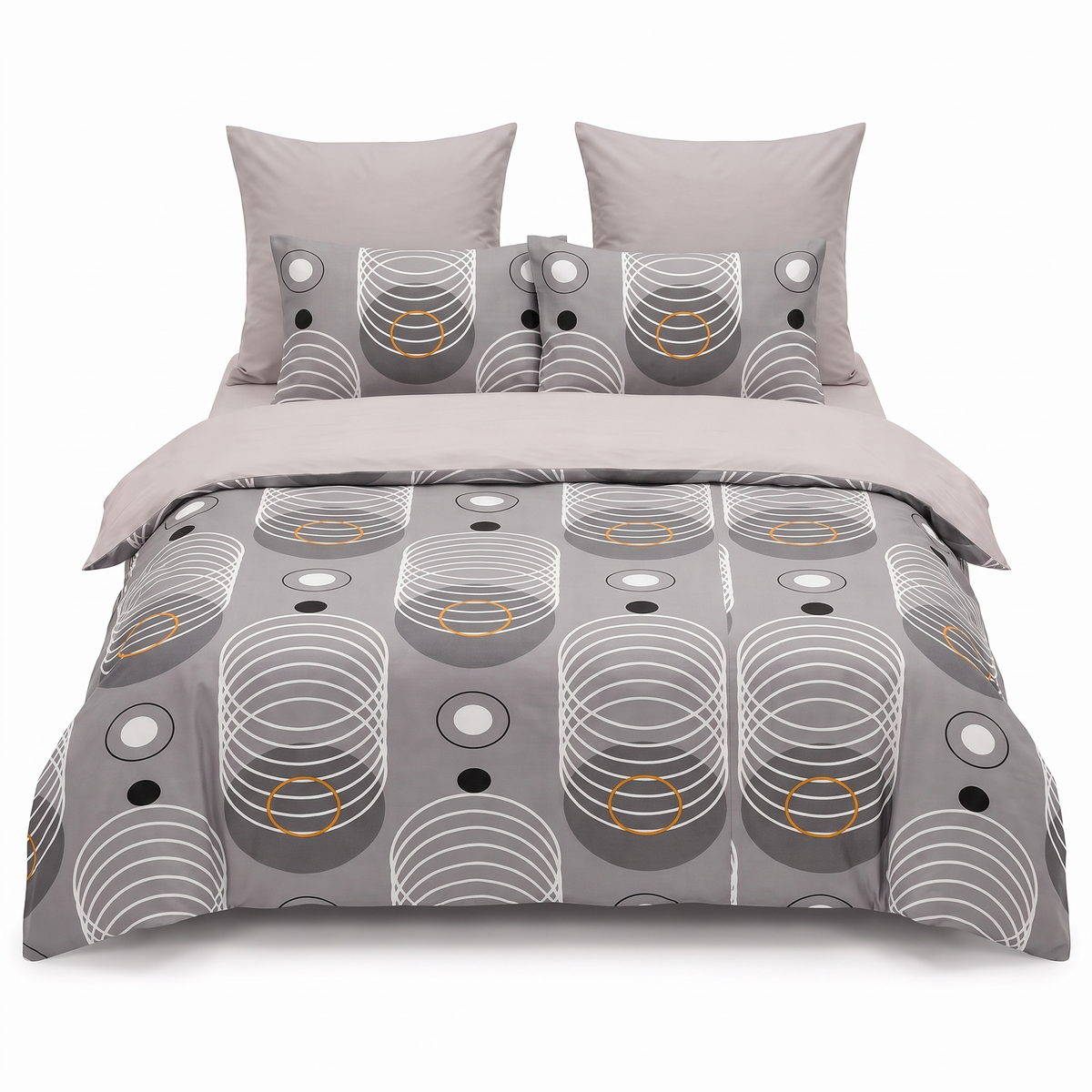 Lenjerie de pat cu elastic în gri cu model geometric — vedere din față