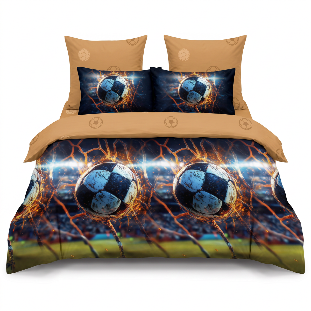 Lenjerie de pat cu elastic în maro cu model cu fotbal — vedere din față