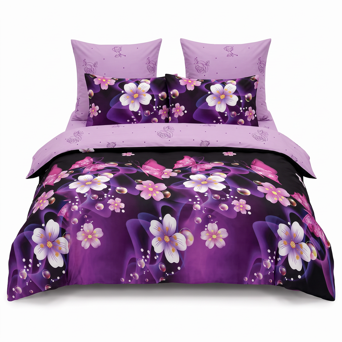 Lenjerie de pat cu elastic în mov cu model floral — vedere din față
