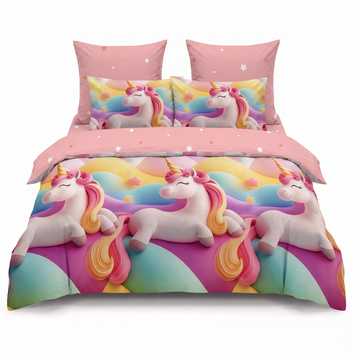 Lenjerie de pat cu elastic în roz cu unicorni drăgălași — vedere din față