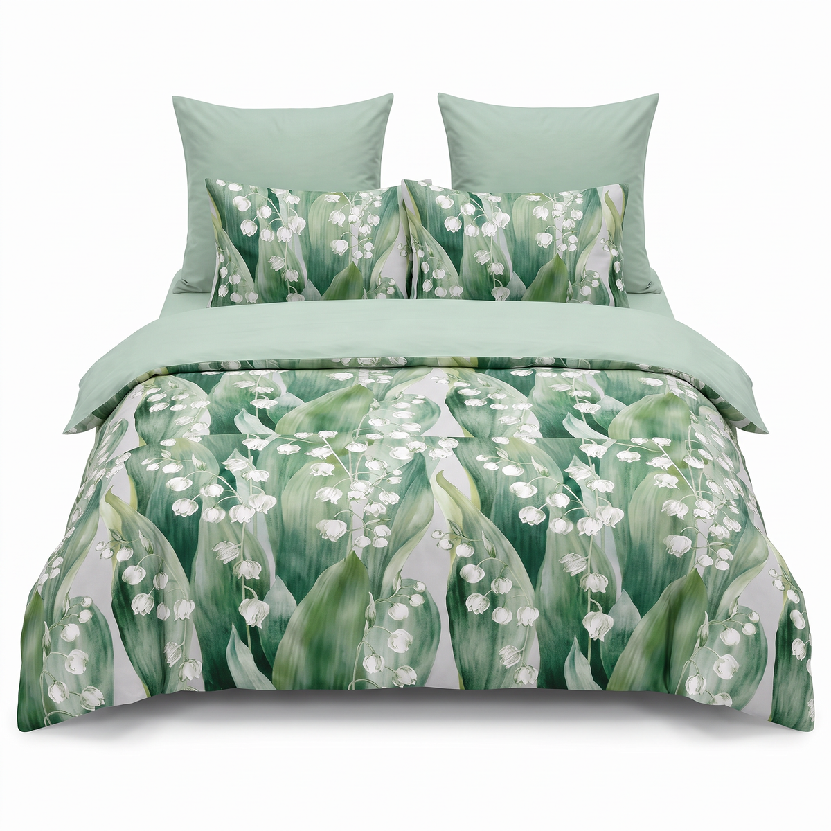 Lenjerie de pat cu elastic în verde cu model floral — vedere din față