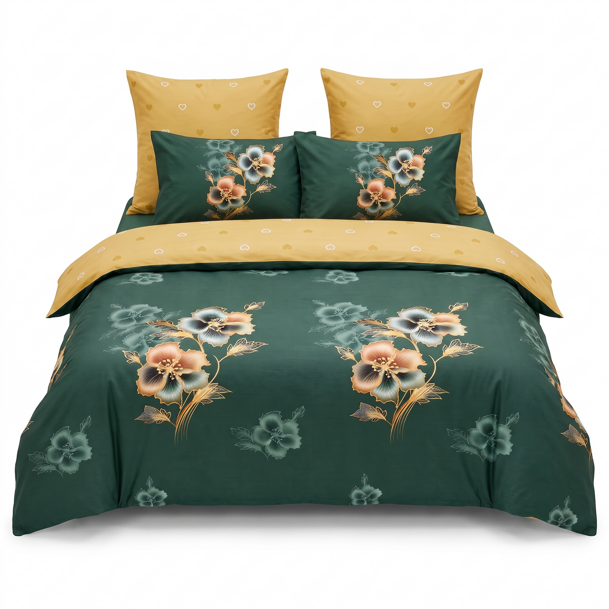 Lenjerie de pat cu elastic în verde și galben cu model floral — vedere din față