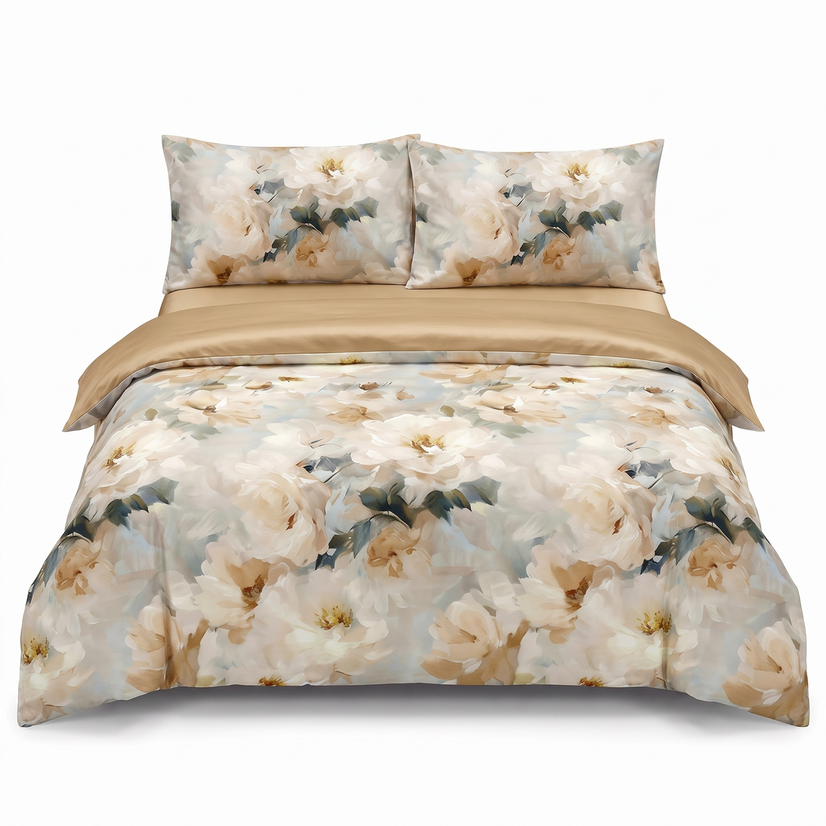 Lenjerie de pat din satin, 4 piese, cu elastic — Gri și maro deschis cu flori