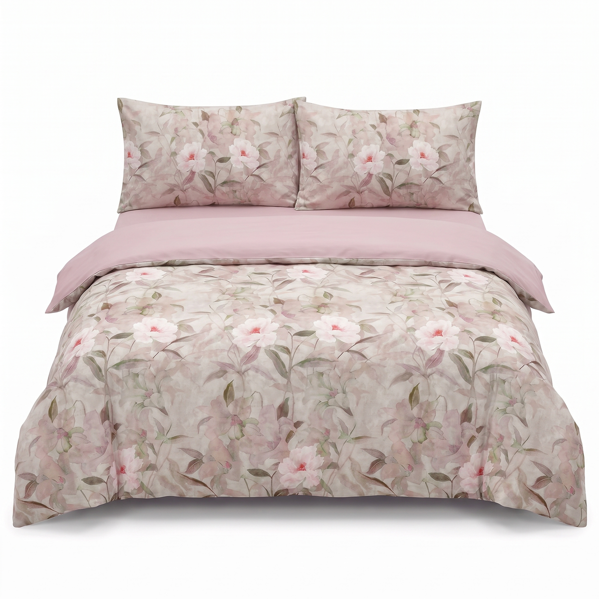 Lenjerie de pat din satin, 4 piese, cu elastic — Gri și roz cu model floral