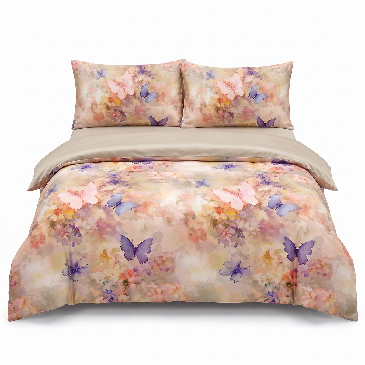 Lenjerie de pat din satin, 4 piese, cu elastic — Roz vechi cu fluturi
