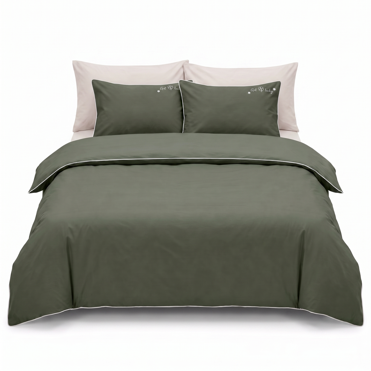 Lenjerie de pat din satin de bumbac în verde oliv cu paspoal – 6 piese — vedere din față