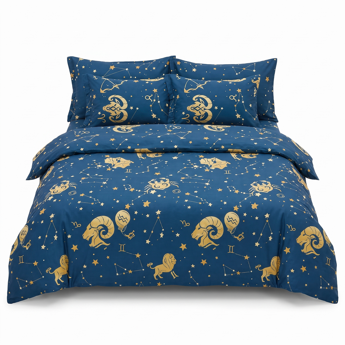 Lenjerie de pat fără elastic în albastru cu semne zodiacale și stele — vedere din față