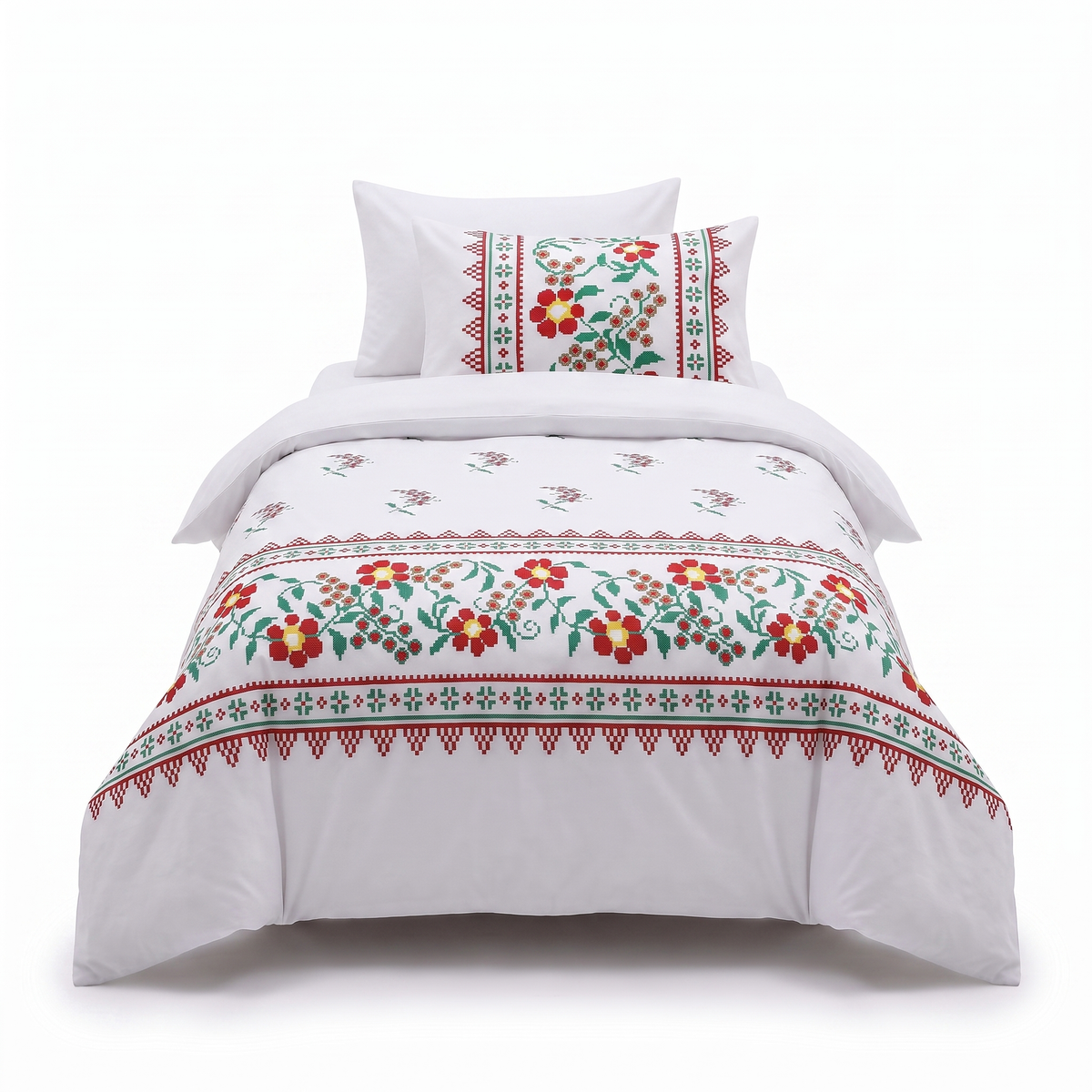 Lenjerie de pat pentru o persoană, în alb cu broderii florale tradiționale — vedere din față