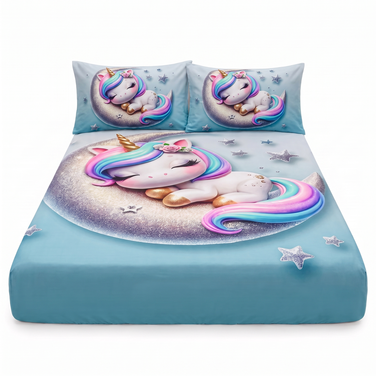 Cearșaf 5D cu elastic și 2 fețe de pernă — Albastru cu unicorn — vedere din față