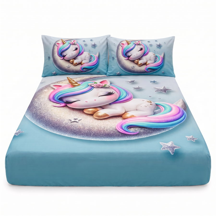 Cearșaf 5D cu elastic și 2 fețe de pernă — Albastru cu unicorn — vedere din față