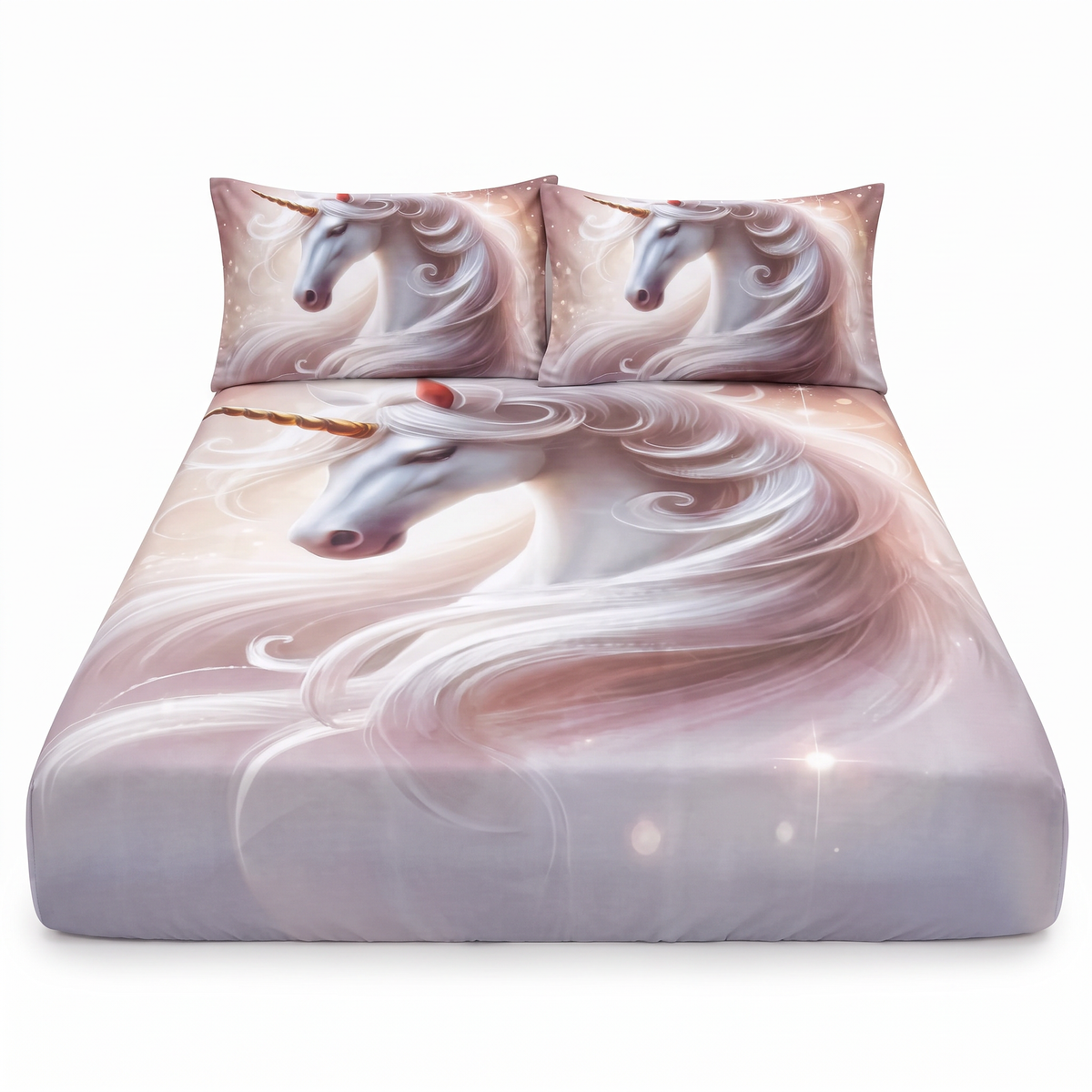 Cearșaf 5D cu elastic și 2 fețe de pernă — Bej cu unicorn — vedere din față