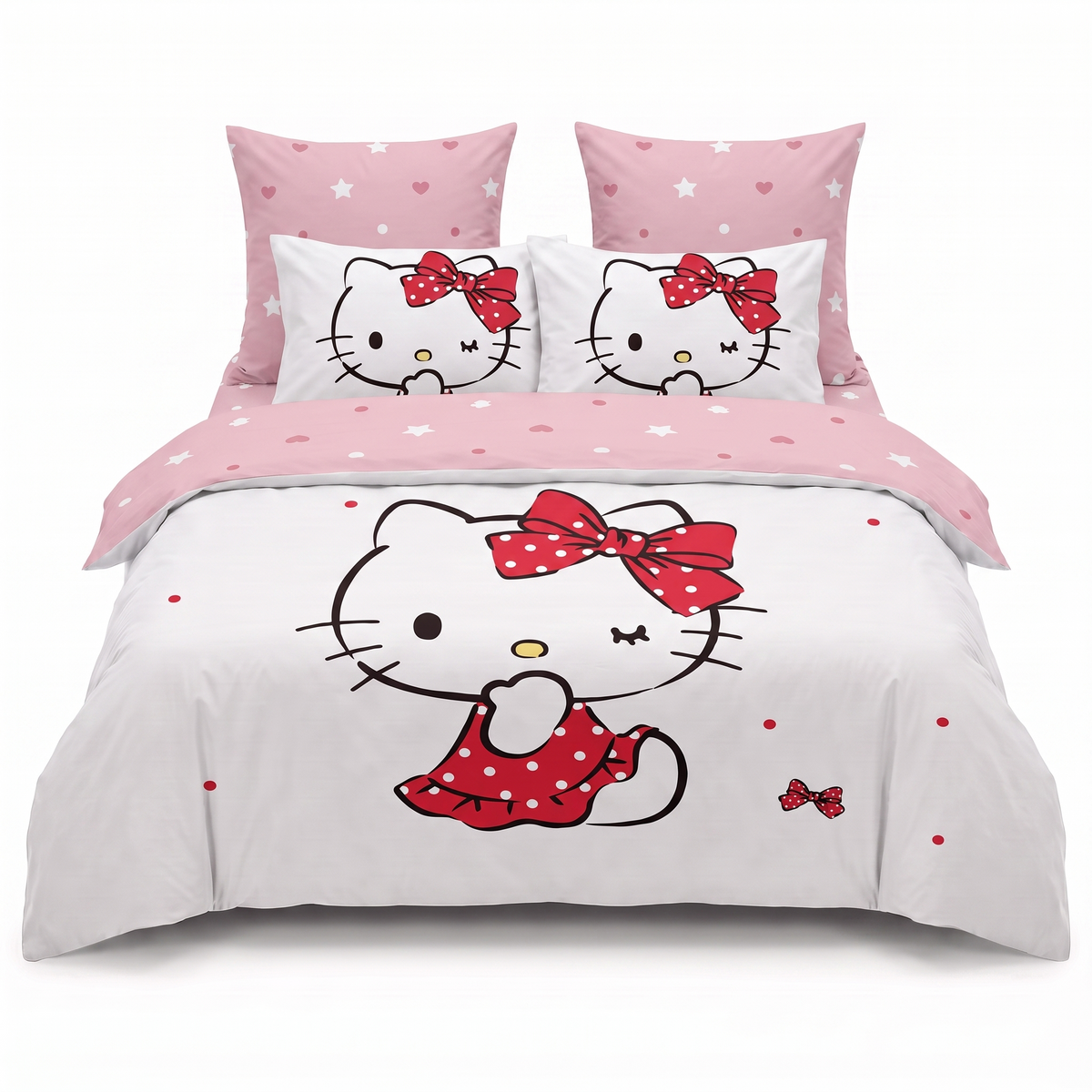Lenjerie de pat 3D în alb cu Hello Kitty — vedere din față