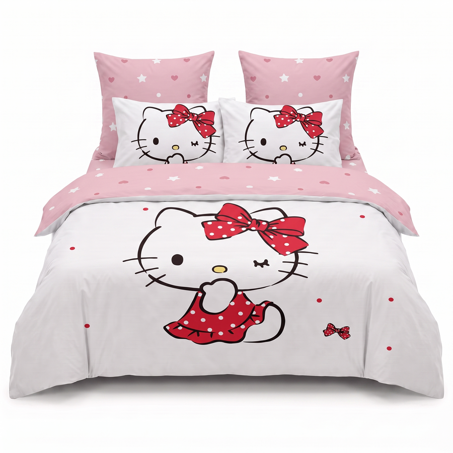 Lenjerie de pat 3D în alb cu Hello Kitty — vedere din față