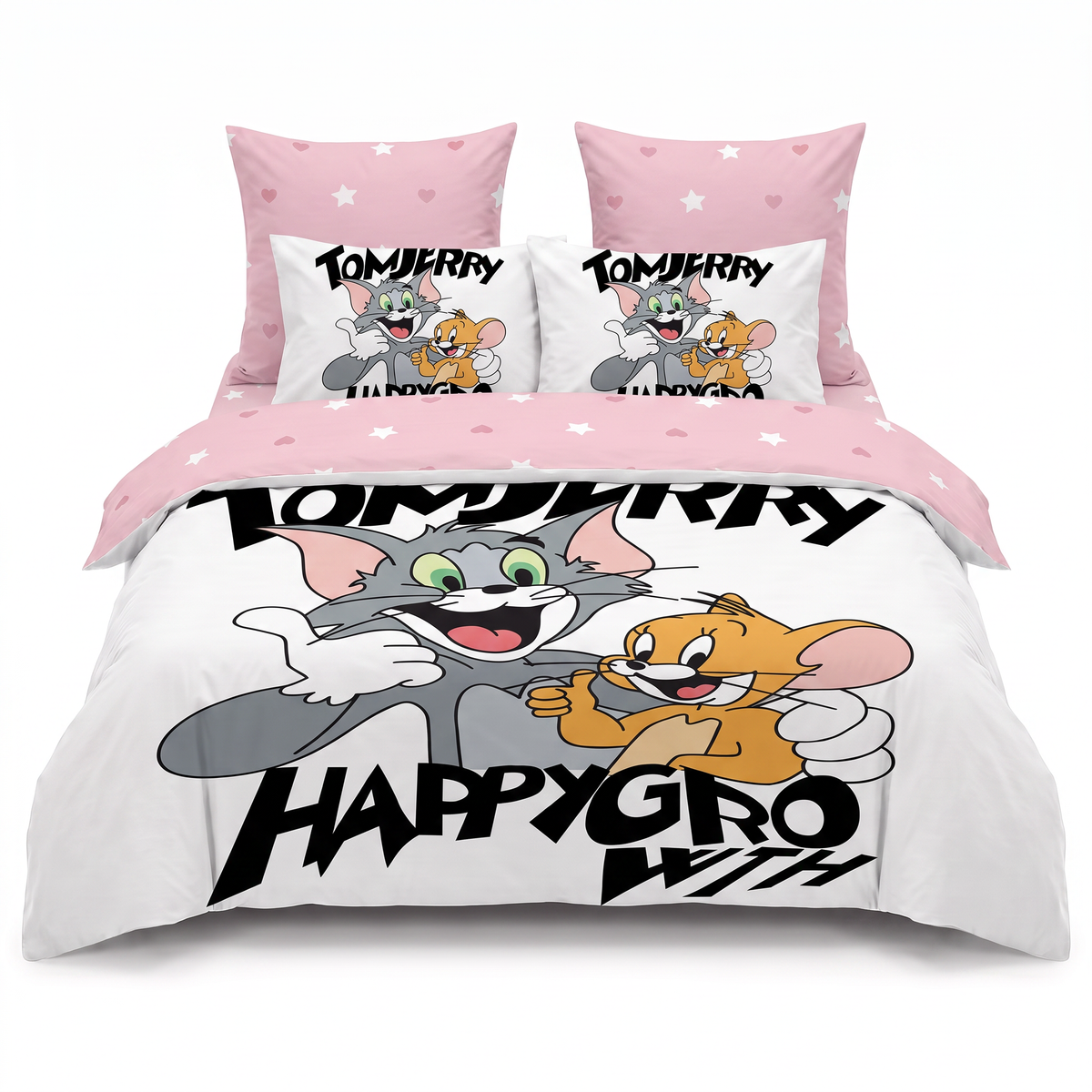 Lenjerie de pat 3D în alb cu Tom și Jerry — vedere din față
