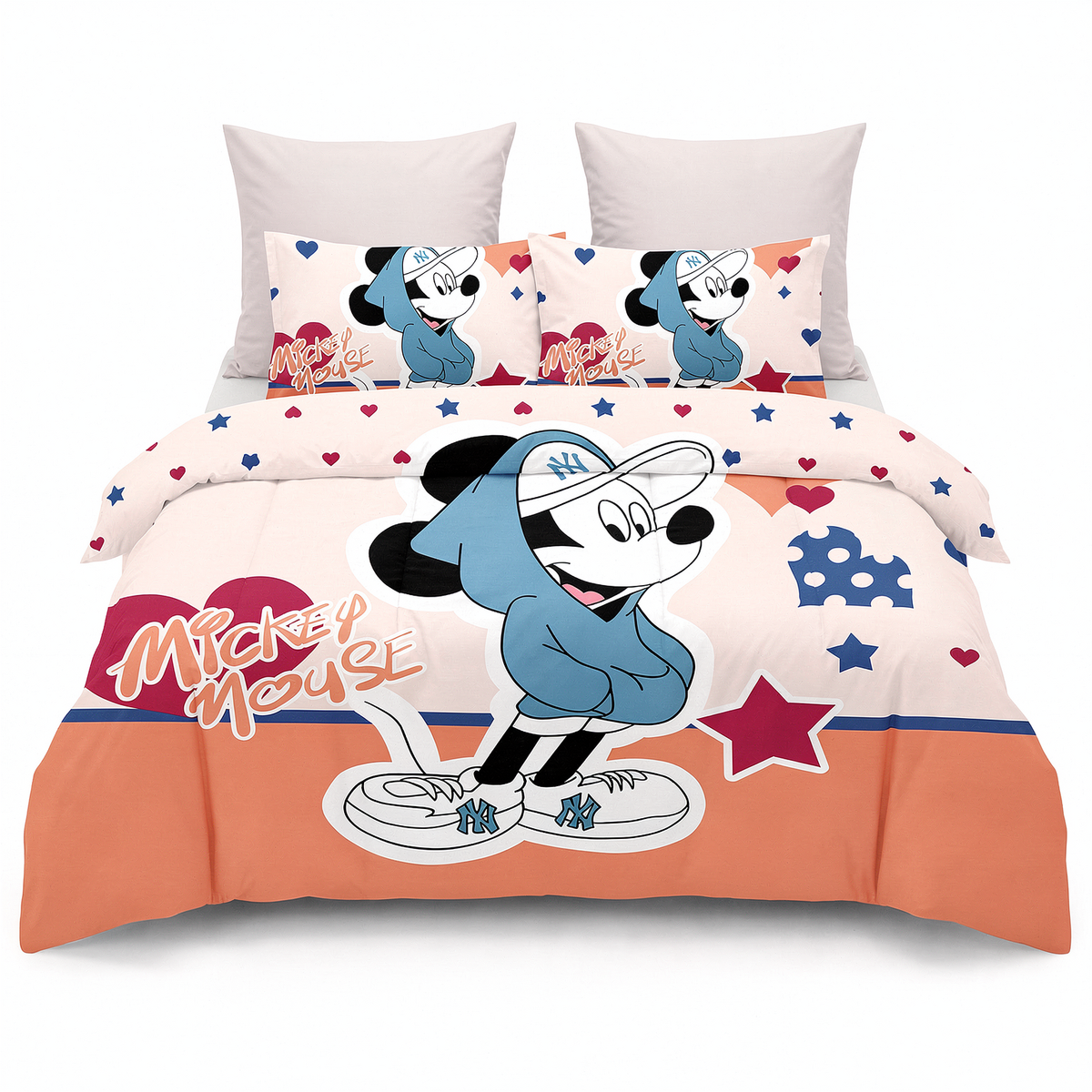 Lenjerie de pat 3D în alb și portocaliu cu Mickey Mouse — vedere din față